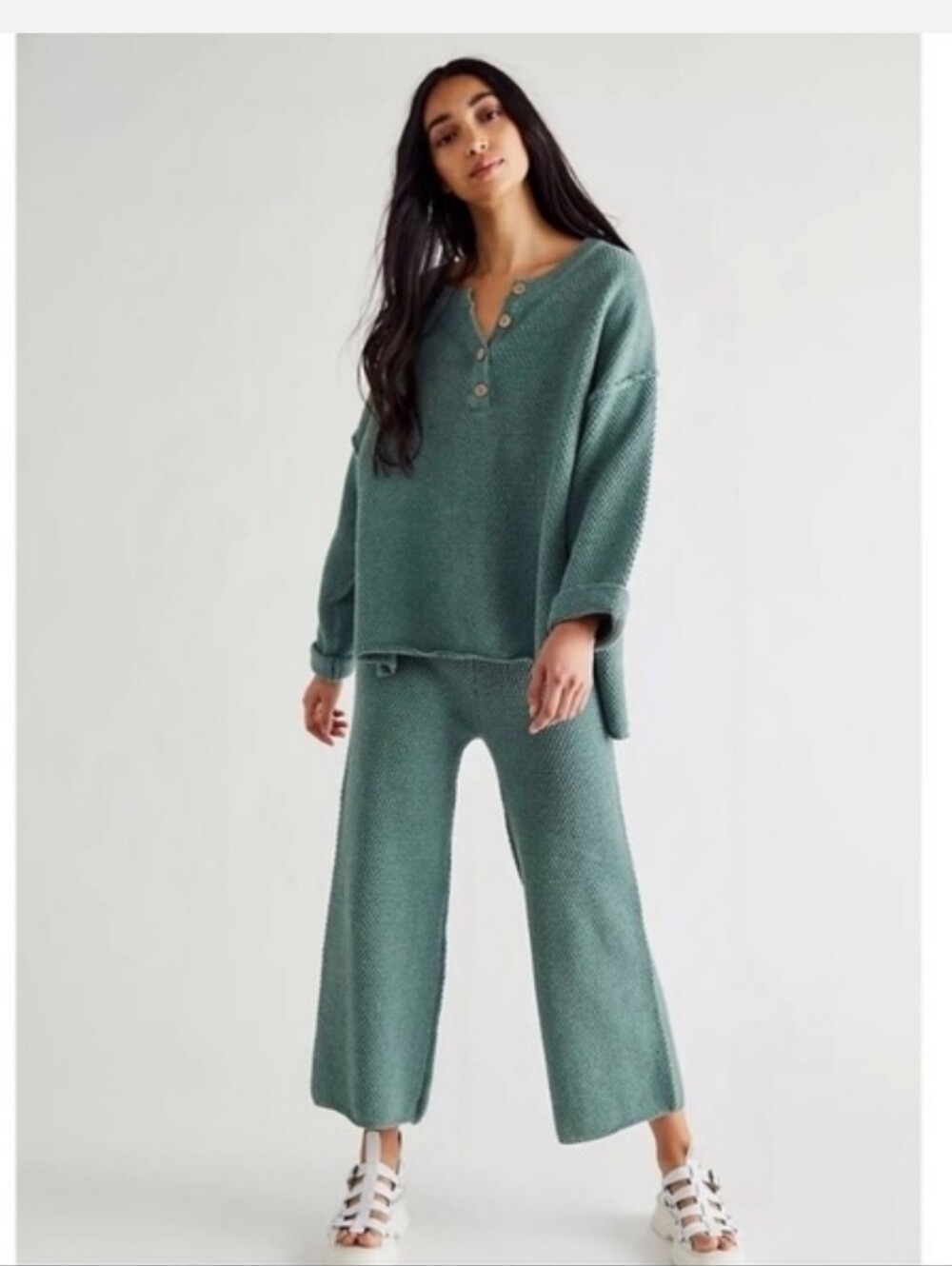 Free People Beach Hailee Sweater Set Women's XS Green Knit Lounge Top Pants - Picture 2 of 11